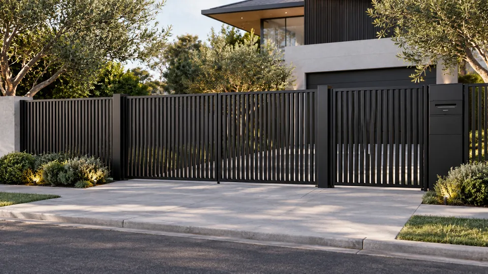 Concept render of a black slat driveway gate, matching pedestrian gate and letterbox pillar