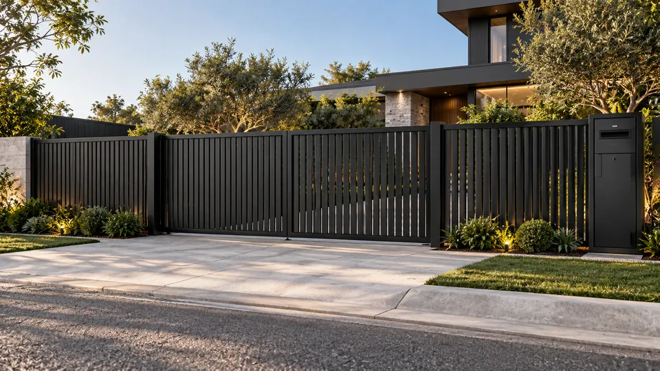 Concept render of a matte black vertical-slat driveway gate with matching fence and letterbox pillar