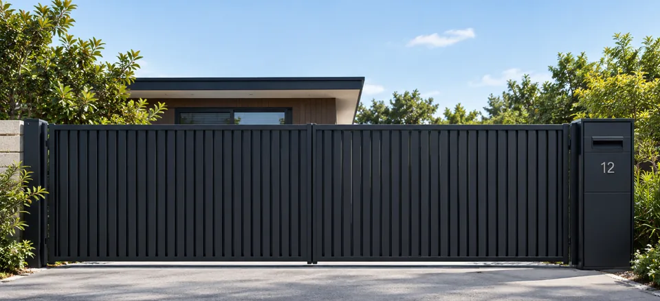 Charcoal vertical slat sliding driveway gate with a matching letterbox pillar