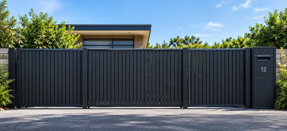 Charcoal vertical slat driveway gate with matching fence panels, pedestrian gate and letterbox pillar