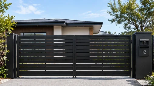 Black horizontal slat driveway gate with a letterbox pillar