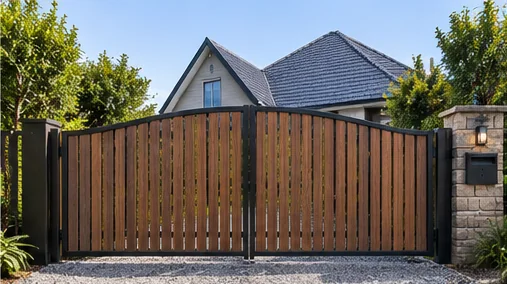 Arched double driveway gate with timber-look slats in a black frame