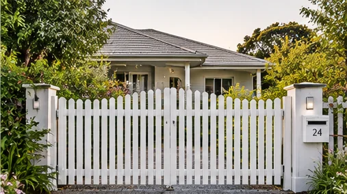 White picket driveway gate between white pillars with a letterbox
