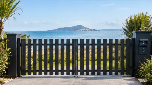 Black vertical slat gate with wide gaps looking out to the sea