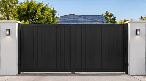 Solid black panel double gate between white rendered pillars with wall lights