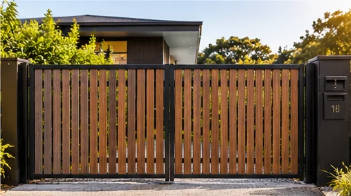 Timber slat double gate in a black steel frame