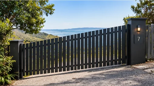 Black slat gate made to follow a sloping driveway