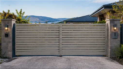 Light grey horizontal slat gate between block pillars