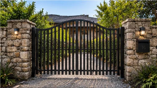 Black arched picket gate between stone pillars with lights